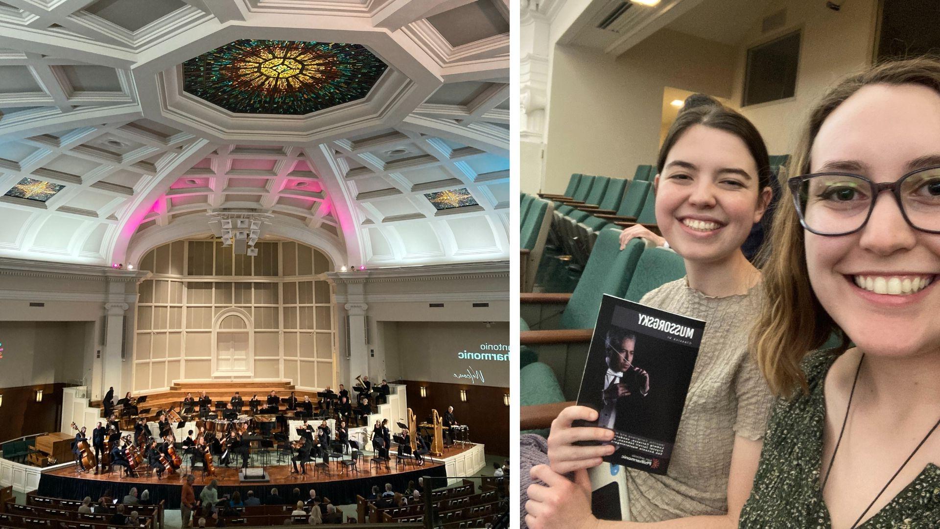 Two 学生 take a selfie while waiting in the audience before a symphony concert (left); the 圣安东尼奥 Philharmonic musicians prepare for the start of a symphony concert on stage (right)