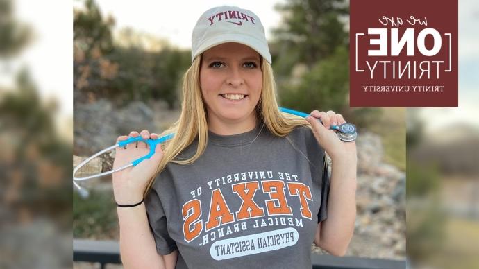 a portrait of Casey McLeod shows her donning a 澳门金沙线上赌博官网 hat, a UT physician shirt, and a stethoscope