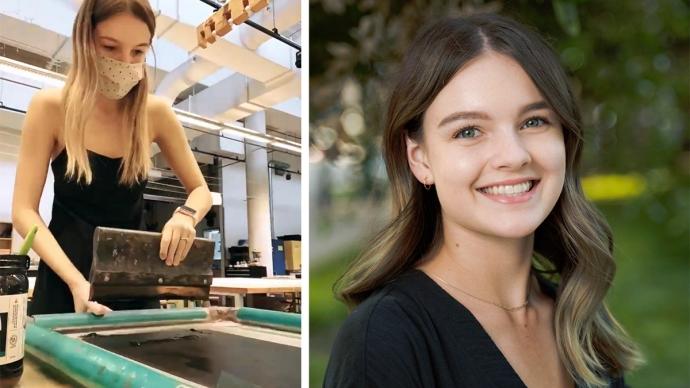 a diptych shows Chryslyn Perkins' headshot and a candid of her making a screenprint