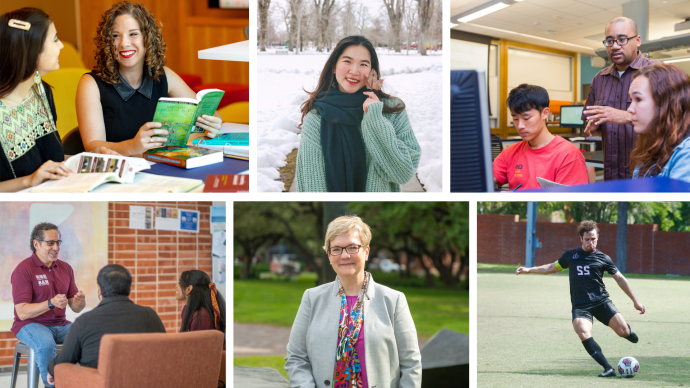 A collage of 澳门金沙线上赌博官网 faculty, staff, students, and alumni either in action shots or in portraits