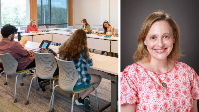 A collage of a portrait of Betsy Tontiplaphol (left) and Tontiplaphol teaching an English class (right)