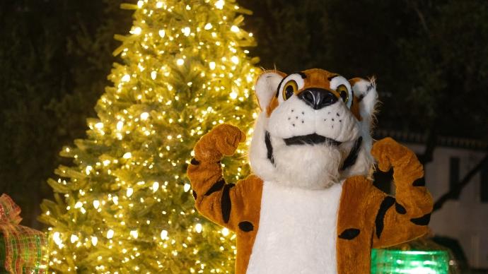 Leeroy standing in front of a brightly lit Christmas tree