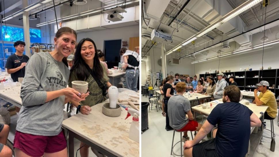 a collage of students listening to instructions in a pottery studio (left) and students showing off their pottery creations (right)