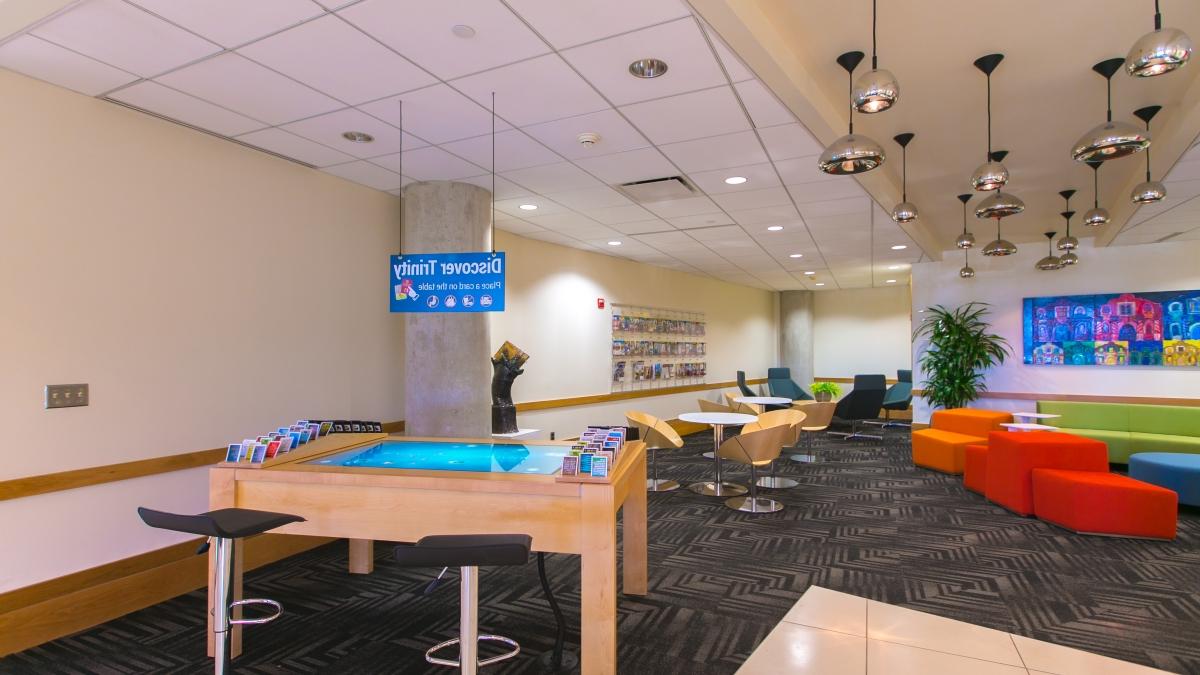 Colorful seating inside of the Admissions lobby.